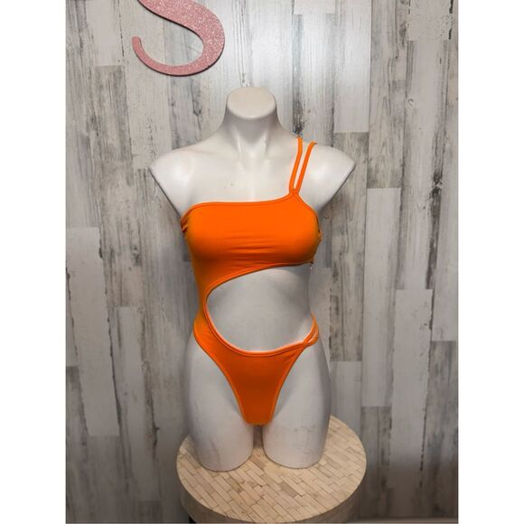 Orange Asymmetrical Cutout bodysuit size XSMALL - Picture 2 of 8